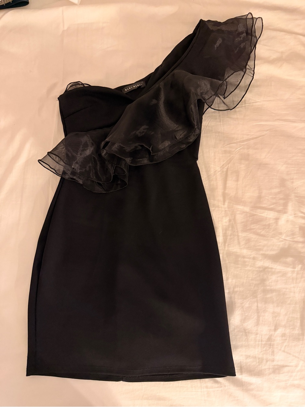 American Threads Black One-Shoulder Mini Dress w Ruffle Detail